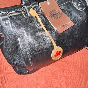 Roots Black Leather Bag with Maple Leaf Patch